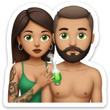 Brown eyed Latina woman with pierced nipples, small breasts and tattoos giving a blowjob to a white man with green eyes and a beard  sticker