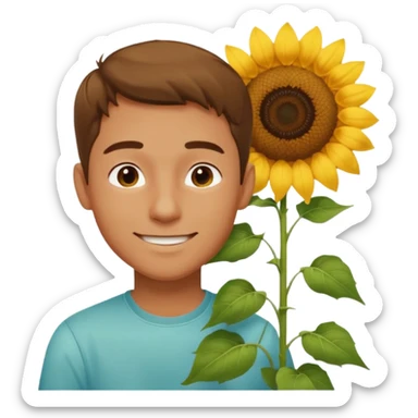 Man smelling sunflower with gentle smile, half body sticker