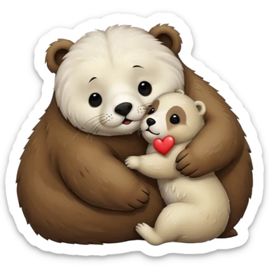 small white seal kissing a big brown bear sticker