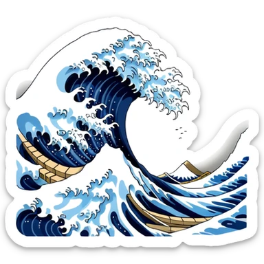 Cinematic Realistic Great Wave off Kanagawa, depicted as a colossal, crashing wave with dynamic blue hues and frothy white crests, rendered with intricate textures and fluid motion that captures both the timeless power and poetic beauty of the iconic Japanese artwork sticker