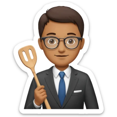 man standing with glasses wearing a suit and holding a spatula sticker