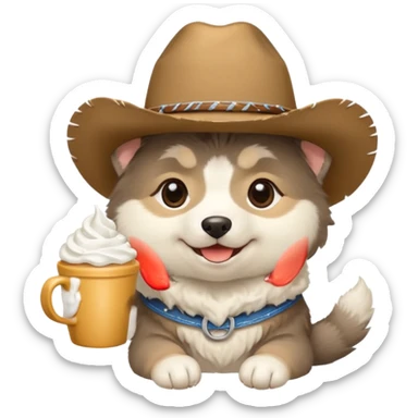 Agouti Malamute puppy wearing cowboy hat and smiling with cup of whipped cream sticker