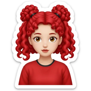 Give her long curly hair with two space buns up and red clothes sticker