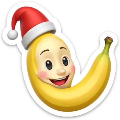 A 3D cartoon banana with a red nose and tiny hat, smiling face, playful pose, Memoji-style. sticker