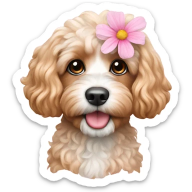  Cavapoo with light pink flower  sticker