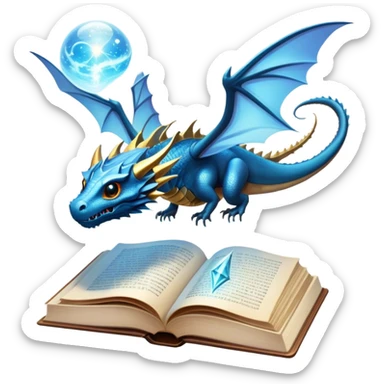 Icon for Fantasy and Sci-Fi Reading: an open book with magical creatures like dragons and fairies flying out, with a futuristic spaceship in the sky and a wizard casting spells. The icon should represent the magic and adventure of fantasy and science fiction worlds. Transparent background. sticker