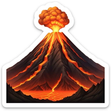 Cinematic Realistic Volcano Emoji, Powerful and awe-inspiring, with molten lava flowing from its jagged, smoking peak, casting an orange glow in the surrounding darkness. The landscape around it is barren and rocky, with clouds of ash rising into the sky. Soft glowing outline, capturing the essence of raw power and fiery energy in a towering volcano. sticker