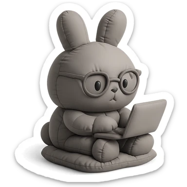 full-body round-faced gray bunny wearing glasses, sitting on a small cushion, working on a laptop with focused eyes, cushion style sticker