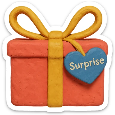 Recreate the blue heart-tagged pink gift in a claymation style, with the name 'Surprise' on the tag, no background. sticker