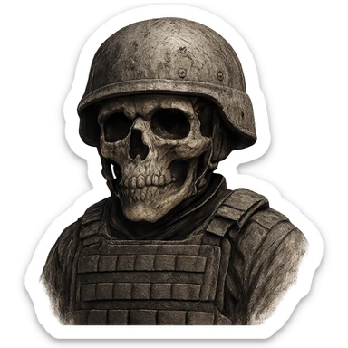 skull in a bulletproof vest and combat helmet, gritty and realistic, no background sticker