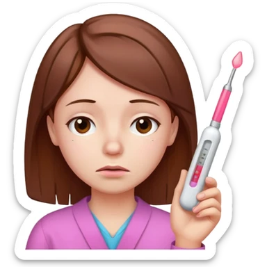 dolor de cabeza, garganta y un termómetro rosita con cabello marrón sticker