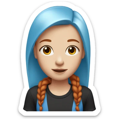make a red-haired girl with straight, medium-length hair, pale blue eyes, freckles, red eyebrows and a black T-shirt sticker