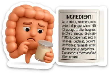 SU QUESTO STILE FAI UN EMOJI STILE IPHONE 3D DI UN INTESTINO CHE HA IN MANO UN BARATTOLO DI YOGURT CONFEZIONATO DA SUPERMERCATO E LEGGE L'ETICHETTA NUTRIZIONALE CON GLI INGREDIENTI IN ITALIANO, ACCANTO ALLO YOGURT CHE HA IN MANO C'è UN FOCUS SULL'ETICHETTA CON GLI INGREDIENTI SCRITTI, FAGLI UN ESPRESSIONE CONFUSA MENTRE LEGGE E FALLO MOLTO REALISTICO IN 3D sticker
