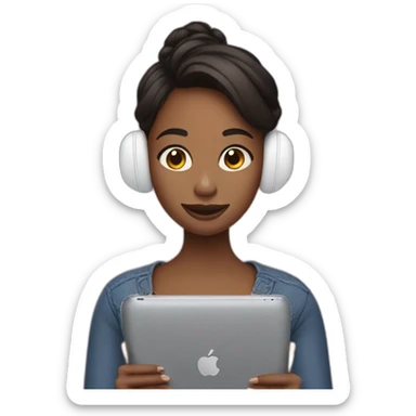 a girl holding an ipad and airpods in her ears. sticker
