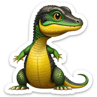 cinematic-realistic-cute-monitor-lizard-portrait-emoji,-head-tilted-playfully-and-inquisitively,-featuring-a-compact,-agile-body-with-finely-detailed,-glossy-scales-in-earthy-black and yellow-hues-and-a-distinct,-alert-face-with-bright,-curious-eyes, black , yellow spotted and green band  scales and a big long neck sticker