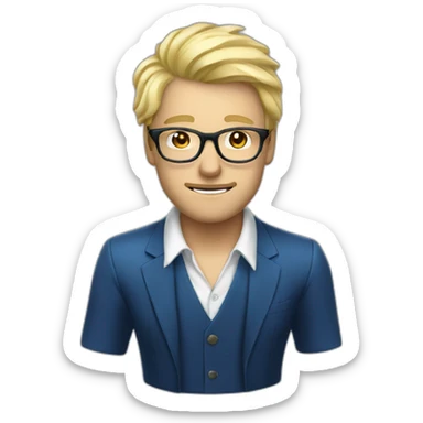 Homme en smoking bleu chemise blanche cheveux blond et lunettes sticker