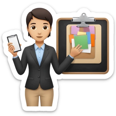 Minimalistic flat vector icon, iOS style, thin black contour on white background. Person silhouette with a project board (kanban/task board) behind. No text, no shadows.
 sticker