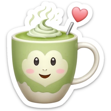 White ceramic mug of matcha latte with heart froth, pastel pink background sticker