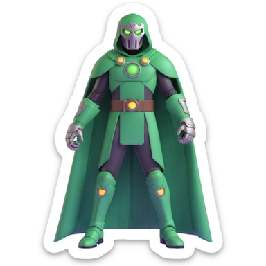 Doctor Doom standing tall with glowing green eyes behind his metal mask, full body view sticker