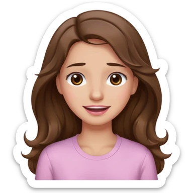 girl with wavy long brown hair, brown eyes, light to medium complexion, long lashes, light pink lipstick, wearing light pink shirt, smiling, crying  sticker