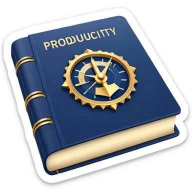 A navy blue productivity book with gold details, chart with upward trend on the cover, radiating productivity, strategy, and success in motion- sticker