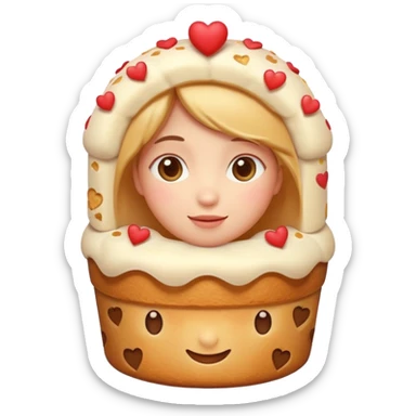Apple-style emoji illustration of a cute face with dreamy eyes hugging a traditional panettone, small hearts floating around, soft 3D emoji style, smooth gradients, rounded shapes, warm festive colors, simple expression, centered composition, transparent background, no text. sticker