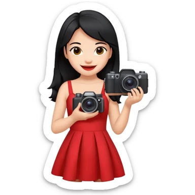 Lilo from Lilo & Stitch as an apple style emoji, smiling, holding a camera, red dress, black hair sticker