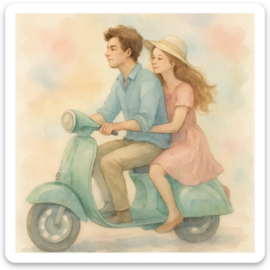 watercolour style, couple on a vintage scooter, pastel background, gentle brushstrokes sticker