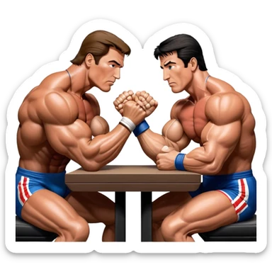 Arnold Schwarzenegger and Sylvester Stallone from 'Over the Top,' locked in an arm wrestling battle, using only their right hands. Their left hands rest on the table. Both display immense strength, with muscular arms flexing, under bright competition lights. Transparent background. sticker