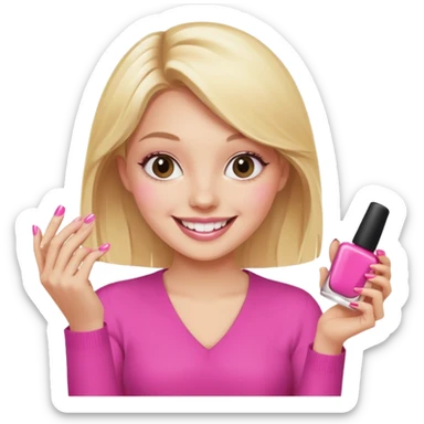 A happy blonde girl in pink holds nail polishes in her hand sticker