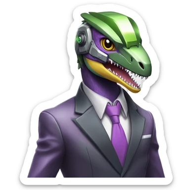 Shiny Edgy Velociraptor-Genesect-Fakémon-Pokémon wearing a with a futuristic cyber-helmet And suit Full Body sticker