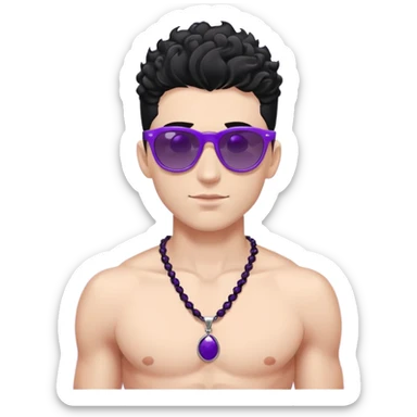 shirtless male athlete with white skin and moderately curly black hair on top with shaved sides, wearing purple sunglasses with black tinted lenses and a shiny black necklace sticker