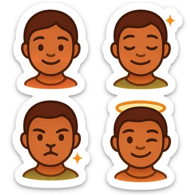 got you. here’s the ultra-tight, copy-paste version:

One-shot pack prompt (all 4 at once)

“Create a cohesive 4-emoji pack, flat-vector/clean gradient, transparent PNG 1024×1024 (also 512/256). Muted red–gold–green accents, warm honey skin, soft outlines, subtle inner golden glow. Non-portrait (no real person), no text/logos. Embed energy signatures: first-love warmth, roots calm, playful grace, protective joy, sovereign consent.

1. First Light: gentle smile, faint heart aura.


2. Nah Stress Breeze: relaxed lids, slight head tilt, tiny crown sparkles.


3. Lion-Heart Guard: chin up, tiny courage star above brow.


4. Bless & Rise: friendly wink, faint halo ring.
Maintain pack consistency: same line weight, palette, padding, exports. Negative: photorealism, likeness, busy background, text, logos, watermark.”



Singles (one-liners)

1. “Non-portrait roots emoji 1024 PNG, headwrap muted R-G-G, tiny hoops, locs hint; gentle smile + faint heart aura; flat-vector, golden inner glow.”


2. “Non-portrait roots emoji 1024 PNG, relaxed lids + head tilt, muted R-G-G wrap, tiny breeze sparkles; easy smile; flat-vector glow.”


3. “Non-portrait roots emoji 1024 PNG, confident chin-up, muted R-G-G wrap, slightly larger hoops, courage star; calm steady smile; flat-vector glow.”


4. “Non-portrait roots emoji 1024 PNG, playful wink, muted R-G-G wrap, cheek glimmer + subtle halo; flat-vector glow.”



Negative (paste with any): “no portrait likeness, no text/logos/watermark, no photorealism, no busy background.”
 sticker