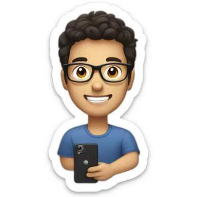 men with short fluffy dark hair and square glasses, bit smilling and looking on phone sticker