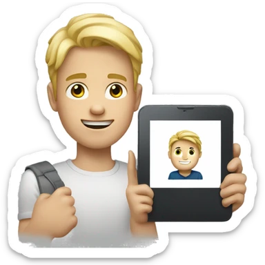 Draw a boy with a tablet computer in his hand. The boy should be blond and handsome.  sticker