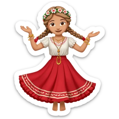 smiling barefoot Paraguayan woman dancing in a red wide skirt, flower headpiece, braids, white blouse, golden rosary sticker