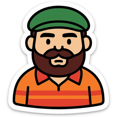 Make the character resemble the man in the reference photo more closely, focusing on facial features, eyebrows, beard and mustache shape, hat, and shirt details. Use a modern icon style. sticker
