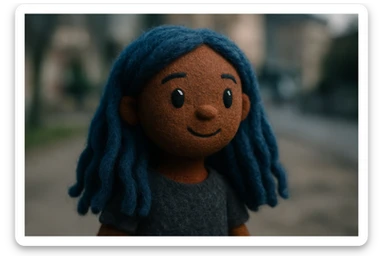 portrait of a blue haired dark skinned girl with long wavy hair, smiling, friendly and warm expression sticker