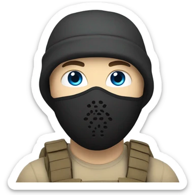 White male, face mask, tan tactical gear, combat boots, gun, black beanie, blue eyes sticker