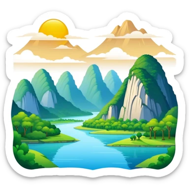 Li River karst mountains Guilin, simplified emoji style with bold outlines and bright colors, cartoon style mountains with river sticker