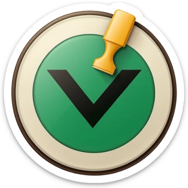 A stamp pressing down on a paper sheet, leaving a green circular mark with a check symbol inside, representing approval or verification. sticker