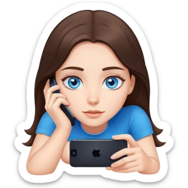 White girl brunett blue eyes, laying on stomach  using her phone sticker