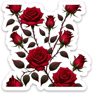 A hauntingly beautiful scene of deep red Gothic roses, their velvety petals unfolding in shades of ruby, burgundy, and scarlet. Dark thorns twist around them, emerging from the shadows like a forbidden love story. sticker