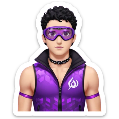 male athlete with white skin and moderately curly black hair on top with shaved sides, wearing ski goggles with purple frames and very dark black lenses, a simple plain black chain necklace, and a completely unzipped sleeveless vest with purple and black sequin fire pattern design, fully revealing his chest, shoulders and arms, no earrings sticker