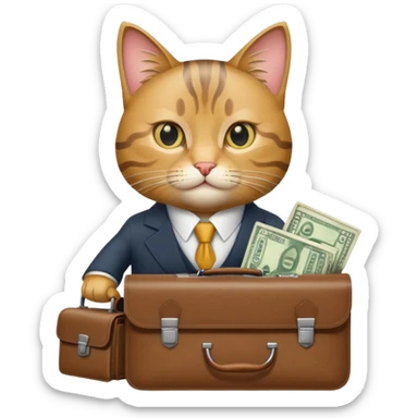 A business cat with a briefcase full of money, looking confident sticker