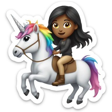 Girl-dark hair-riding-rainbow-unicorn sticker