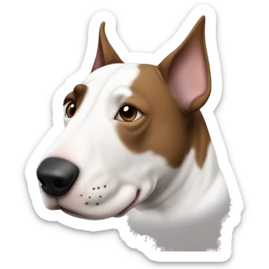 Bull terrier with a brown/brindle face and ears and a black nose but his muzzle is white and he has a white stripe that goes up his nose to his forehead sticker
