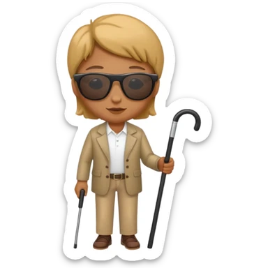 A blind person wearing sunglasses and holding a guide cane sticker
