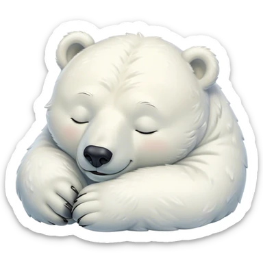 Meme-Worthy cute Sleeping Polar Bear Portrait Emoji, Head resting peacefully with a contented smile, showcasing a luxuriously soft snowy coat and eyes closed in serene slumber, Simplified yet hilariously adorable features, highly detailed, glowing with a soft, drowsy polar light, high shine, relaxed and utterly lovable, stylized with an air of playful laziness, bright and heartwarming, soft glowing outline, capturing the essence of a sleeping polar guardian that feels destined to become the next viral sensation of adorable rest! sticker