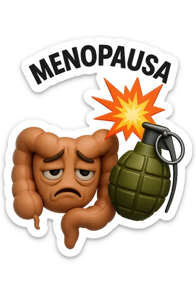 EMOJI STILE IPHONE 3D DI INTESTINO SFINITO CON ESPRESSIONE STANCA, ACCANTO A LUI SCOPPIA UNA GRANATA 3D CON LA SCRITTA "MENOPAUSA" SOPRA sticker